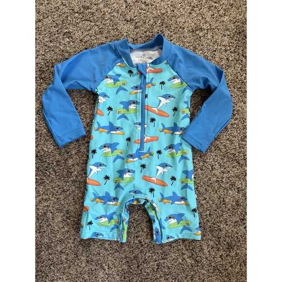 Caden Lane 12-18 Month Rash Guard Swim Suit - Shark - Palm Tree - Picture 1 of 4